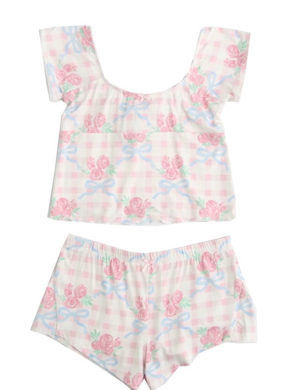 Camper Pink Blue White Floral Gingham Pajama Set